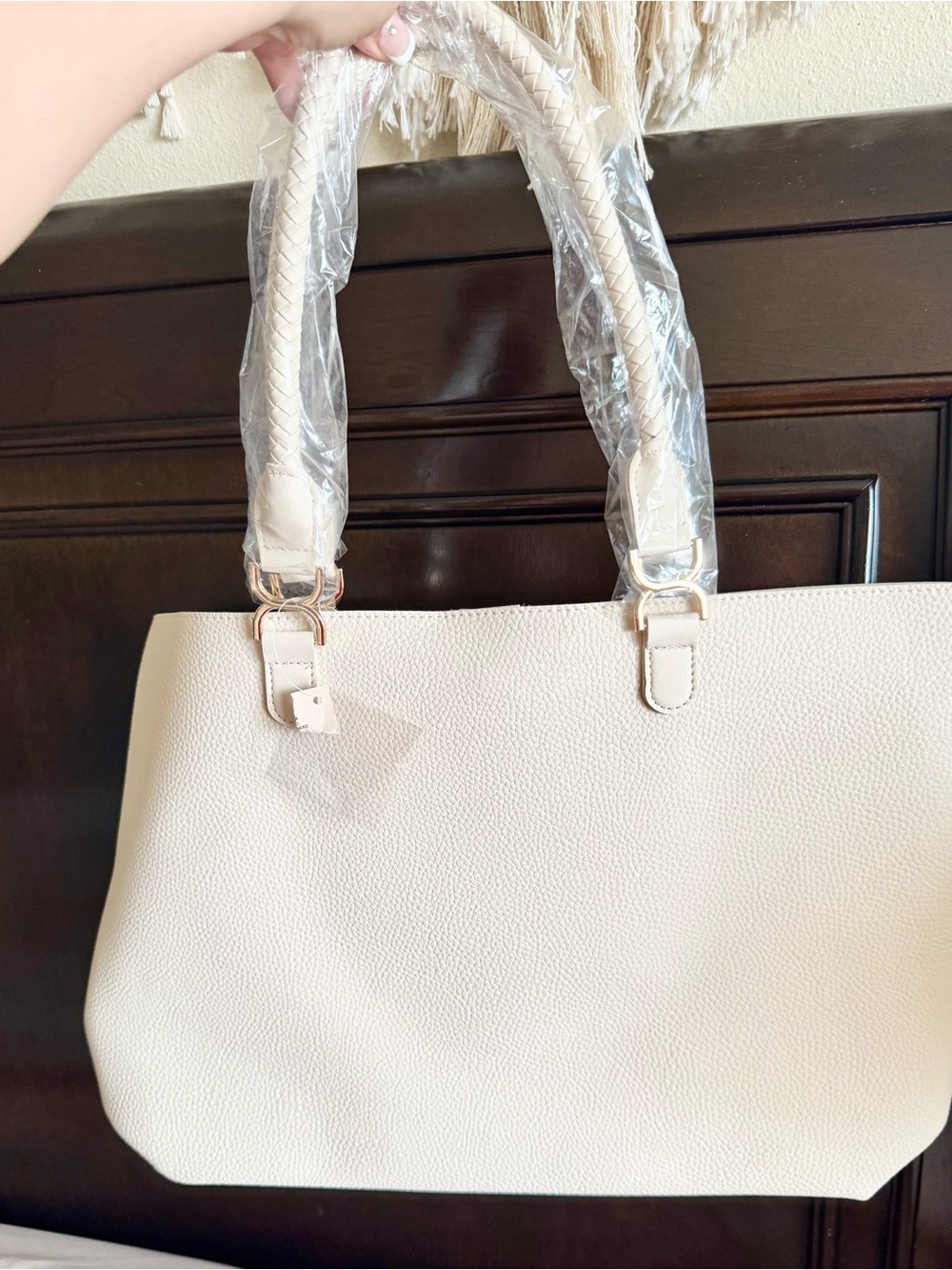 Cream Textured Tote Bag with Braided Handles
